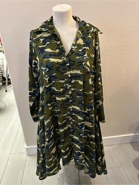 Camouflage Collared Midi Swing Dress - Olive Green